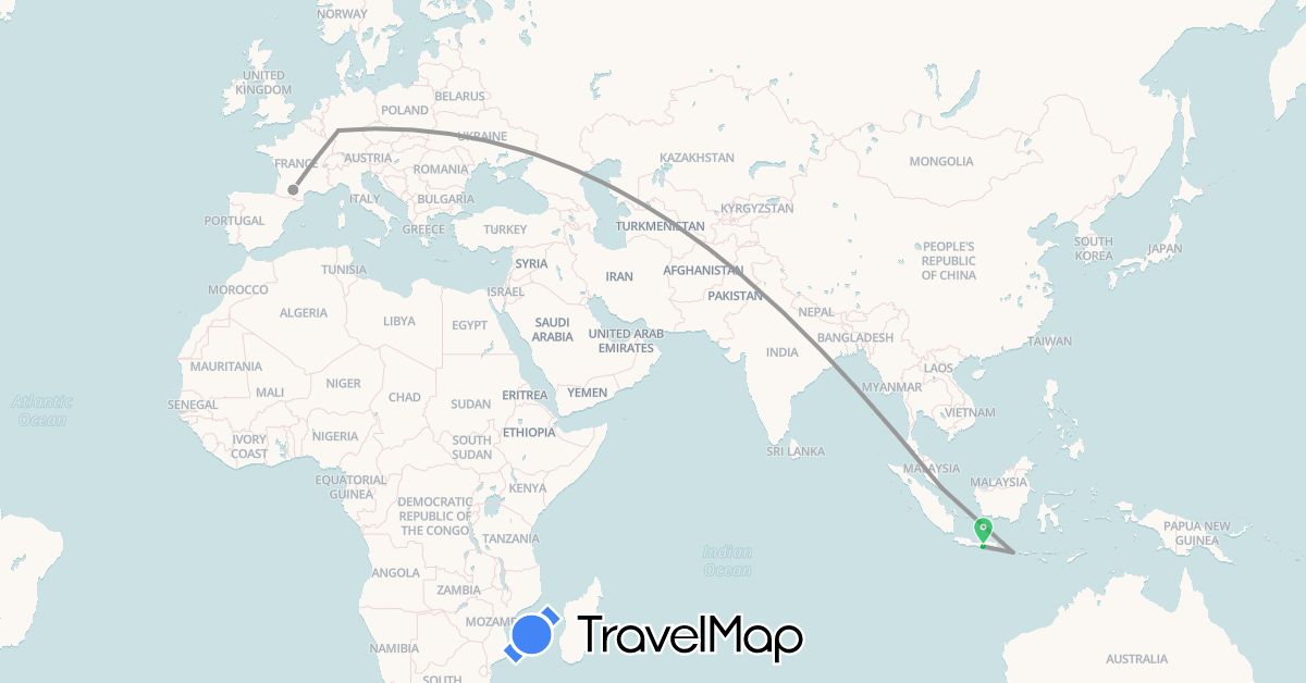 TravelMap itinerary: driving, bus, plane in Germany, France, Indonesia, Singapore (Asia, Europe)